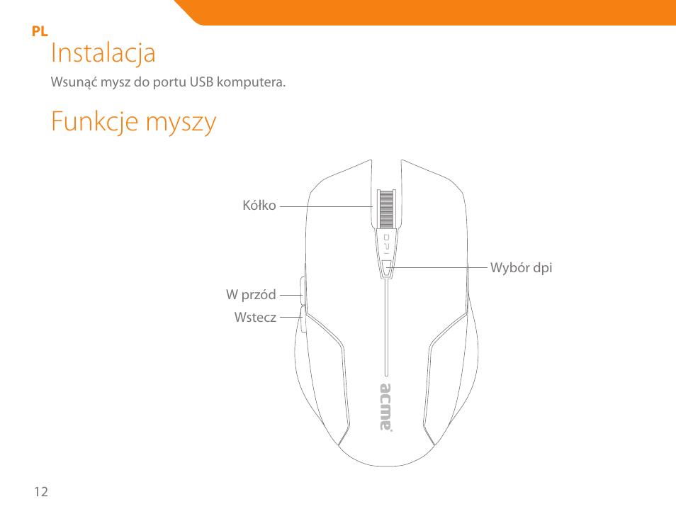 Instalacja, Funkcje myszy | Acme MA04 User Manual | Page 12 / 40