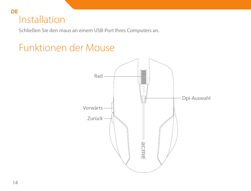 Installation, Funktionen der mouse | Acme MA04 User Manual | Page 14 / 40