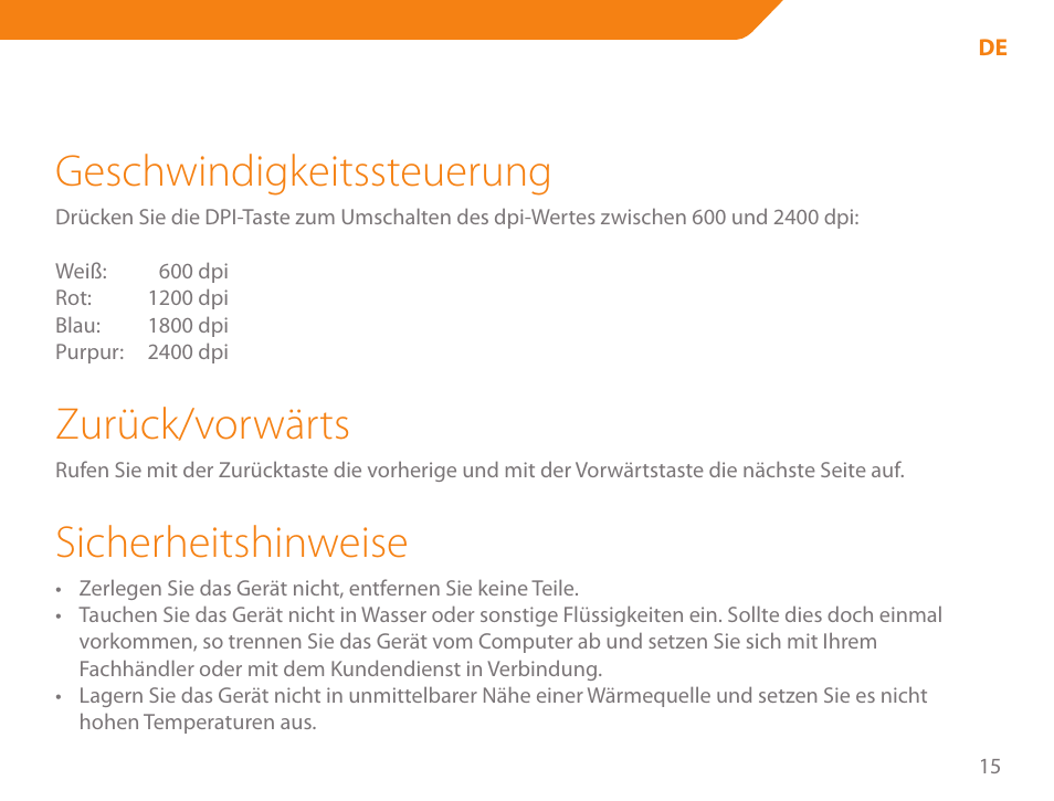Geschwindigkeitssteuerung, Zurück/vorwärts, Sicherheitshinweise | Acme MA04 User Manual | Page 15 / 40