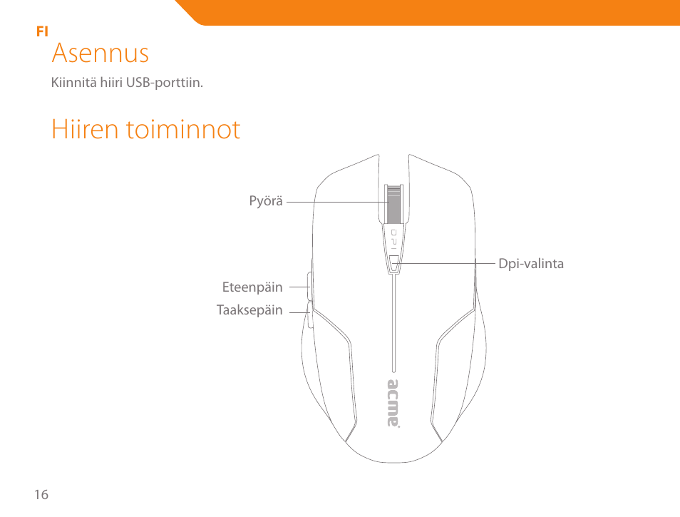 Asennus, Hiiren toiminnot | Acme MA04 User Manual | Page 16 / 40