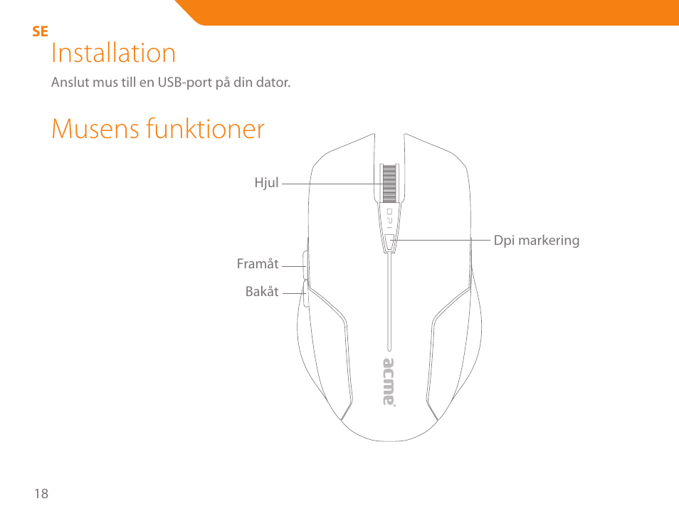 Installation, Musens funktioner | Acme MA04 User Manual | Page 18 / 40