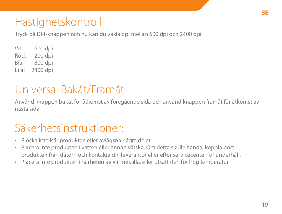 Hastighetskontroll, Universal bakåt/framåt, Säkerhetsinstruktioner | Acme MA04 User Manual | Page 19 / 40