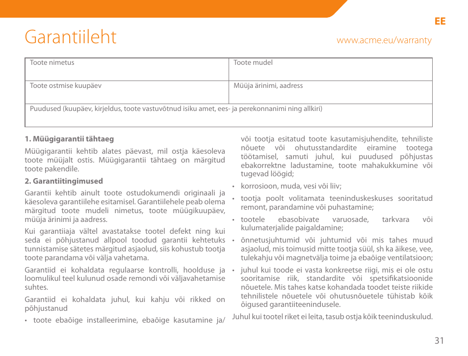 Garantiileht | Acme MA04 User Manual | Page 31 / 40