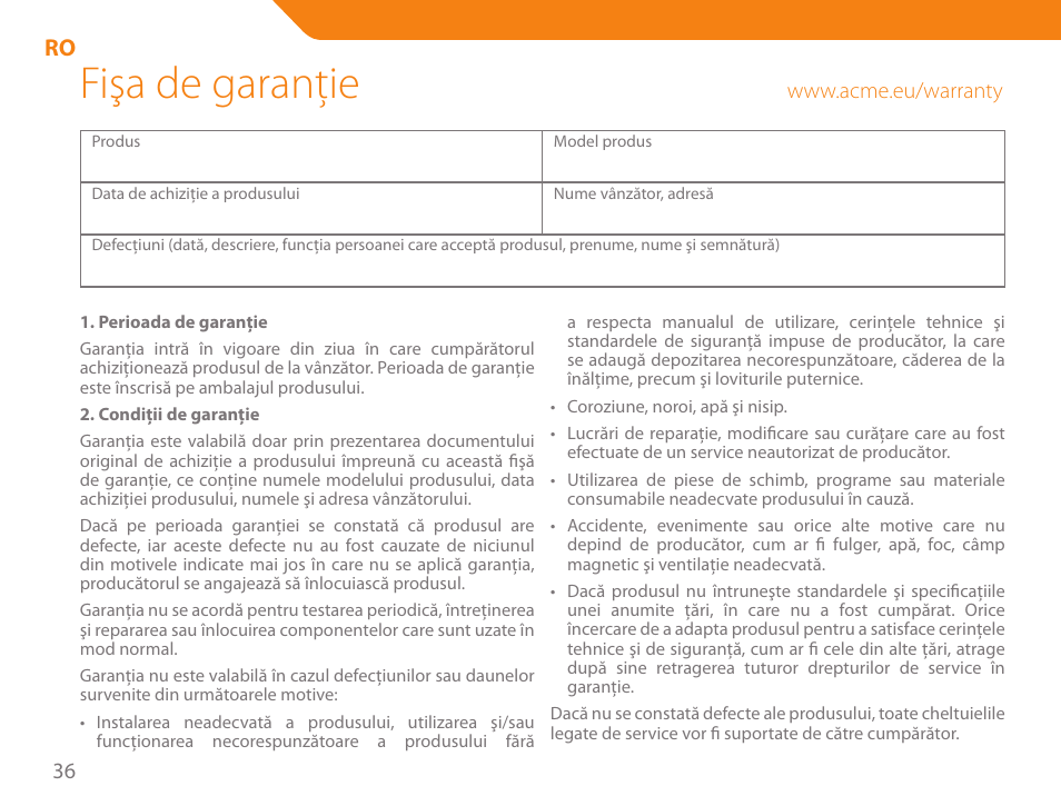 Fişa de garanţie | Acme MA04 User Manual | Page 36 / 40