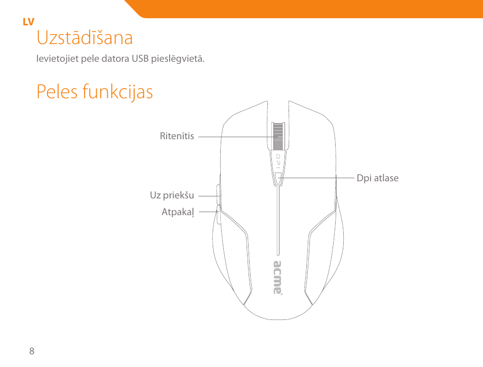 Uzstādīšana, Peles funkcijas | Acme MA04 User Manual | Page 8 / 40