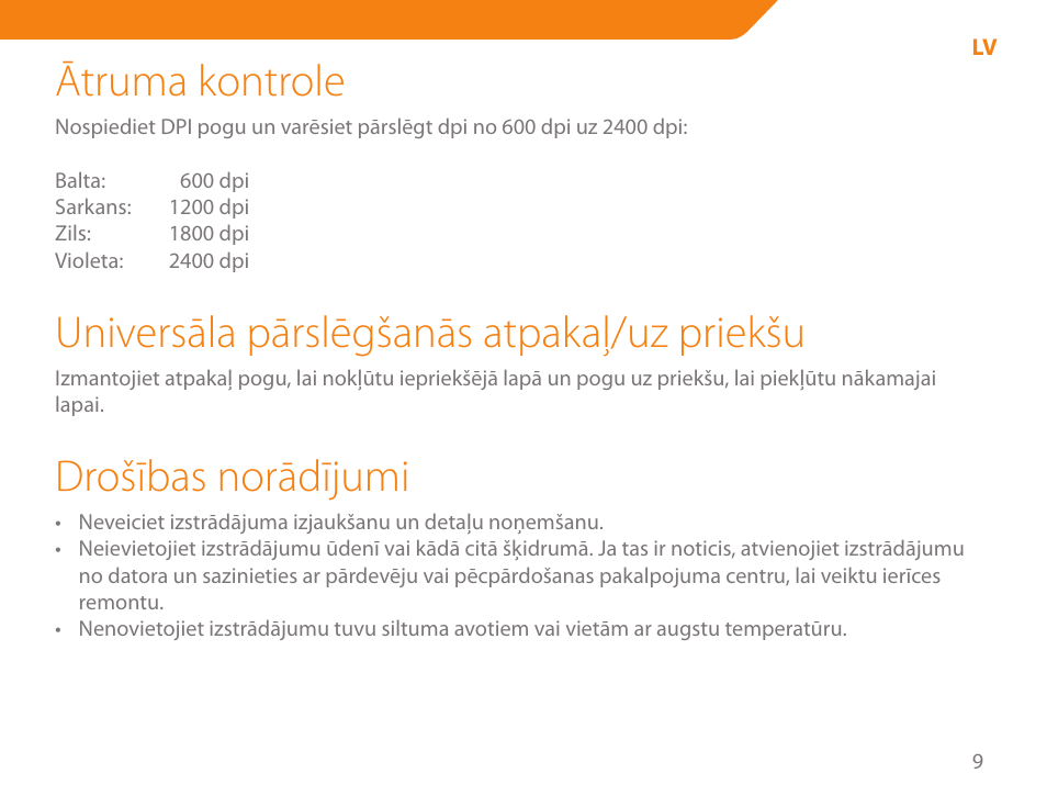 Ātruma kontrole, Universāla pārslēgšanās atpakaļ/uz priekšu, Drošības norādījumi | Acme MA04 User Manual | Page 9 / 40