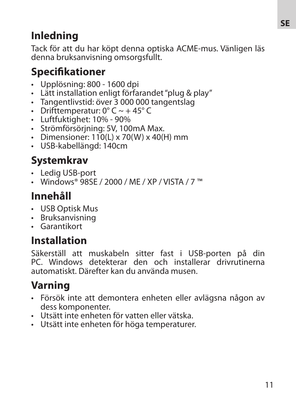 Inledning, Specifikationer, Systemkrav | Innehåll, Installation, Varning | Acme MA03 User Manual | Page 11 / 18