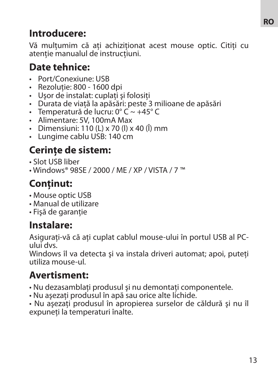 Introducere, Date tehnice, Cerinţe de sistem | Conţinut, Instalare, Avertisment | Acme MA03 User Manual | Page 13 / 18