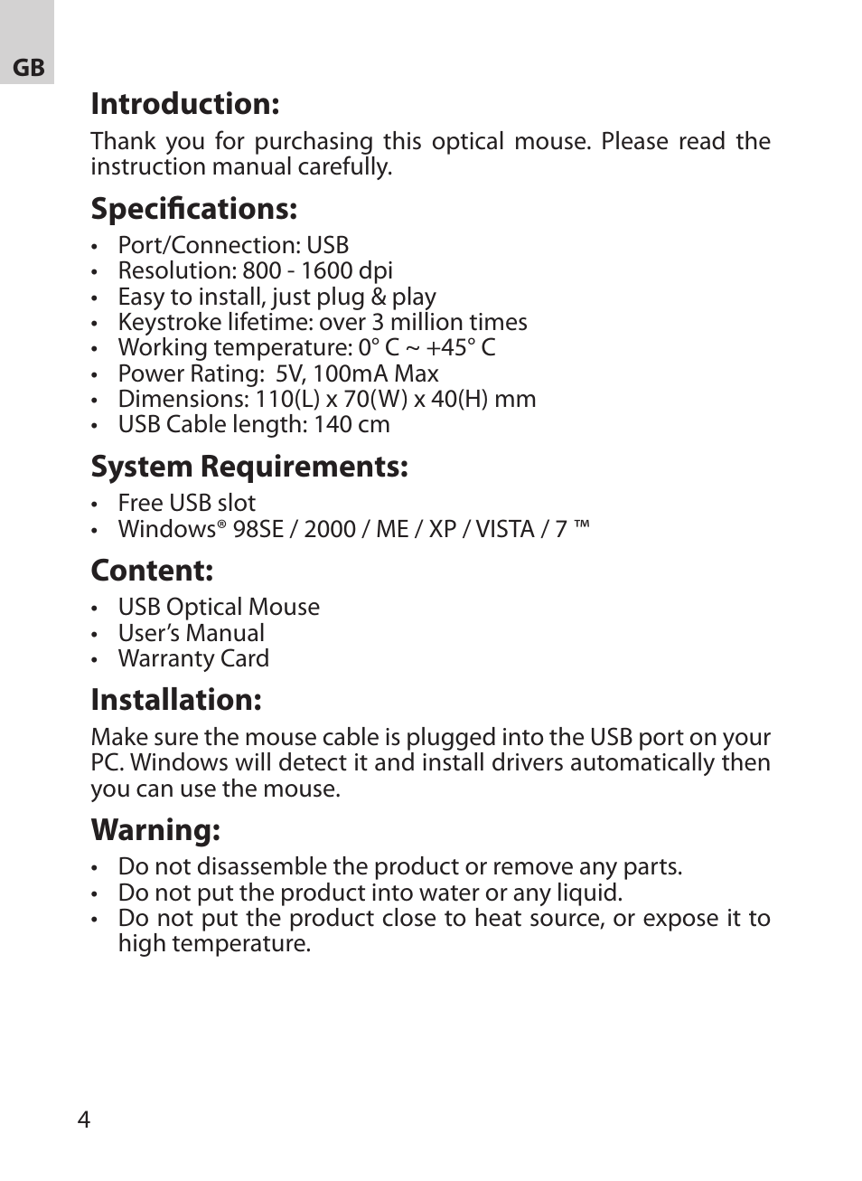 Introduction, Specifications, System requirements | Content, Installation, Warning | Acme MA03 User Manual | Page 4 / 18