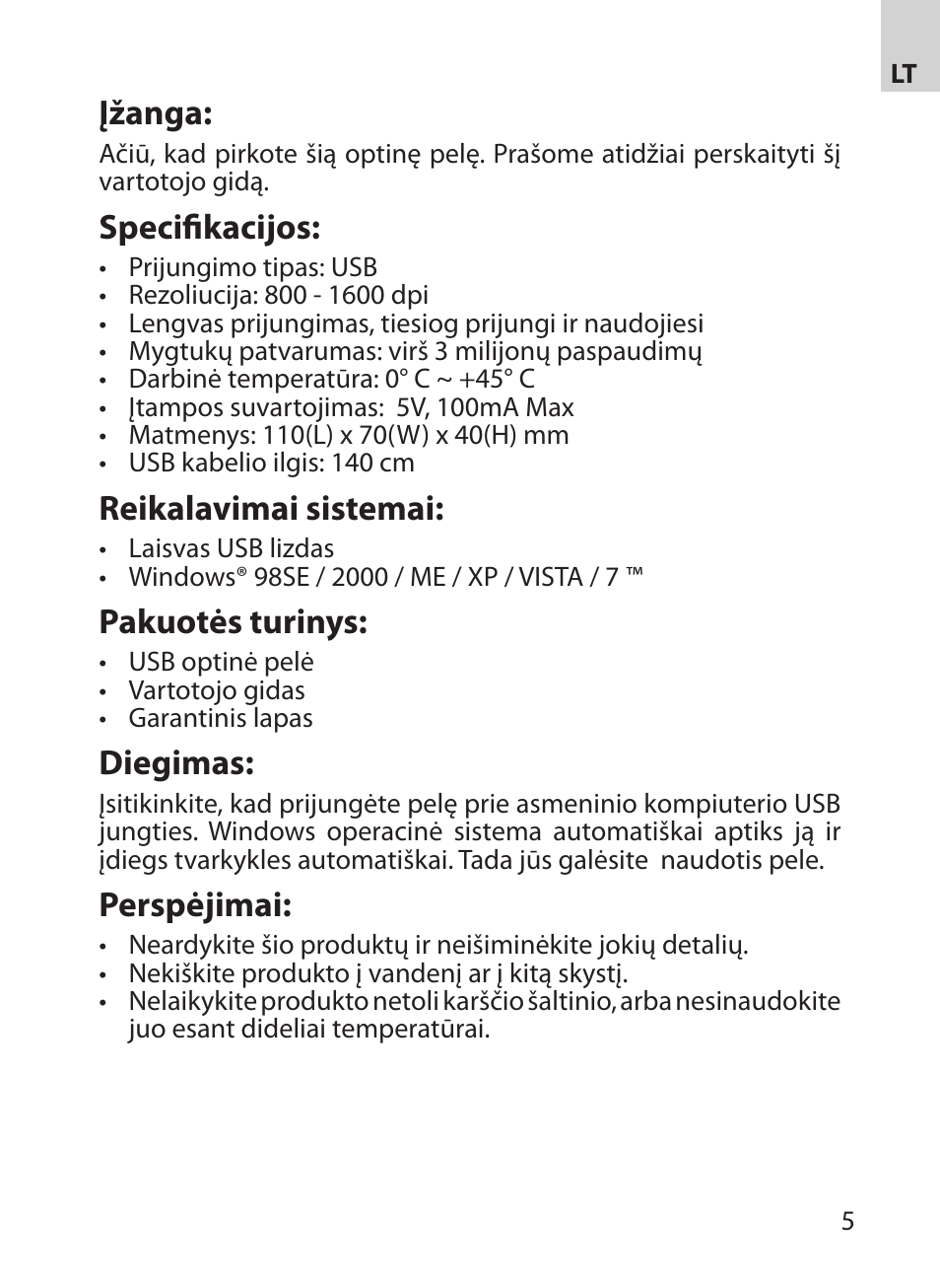 Įžanga, Specifikacijos, Reikalavimai sistemai | Pakuotės turinys, Diegimas, Perspėjimai | Acme MA03 User Manual | Page 5 / 18