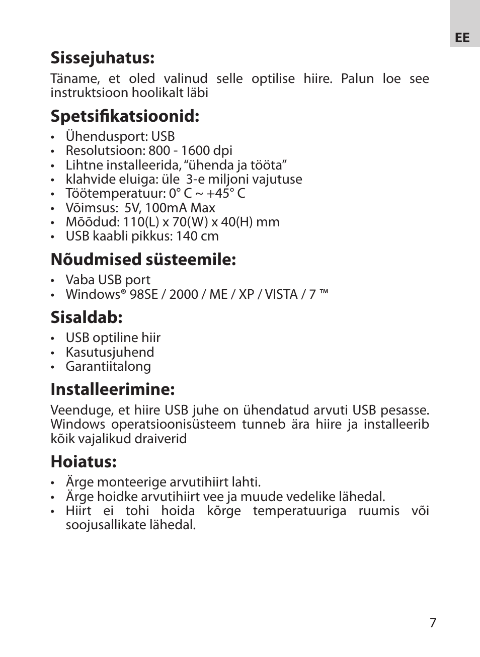 Sissejuhatus, Spetsifikatsioonid, Nõudmised süsteemile | Sisaldab, Installeerimine, Hoiatus | Acme MA03 User Manual | Page 7 / 18