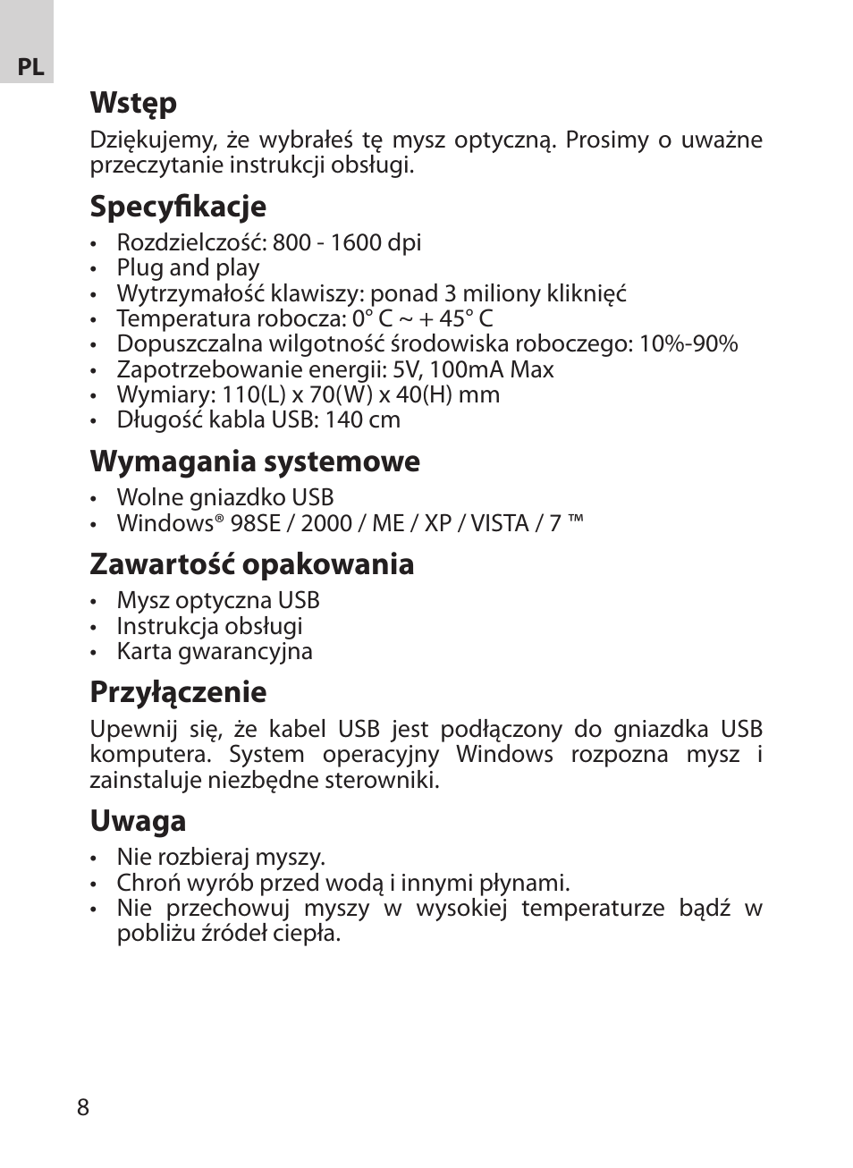 Wstęp, Specyfikacje, Wymagania systemowe | Zawartość opakowania, Przyłączenie, Uwaga | Acme MA03 User Manual | Page 8 / 18