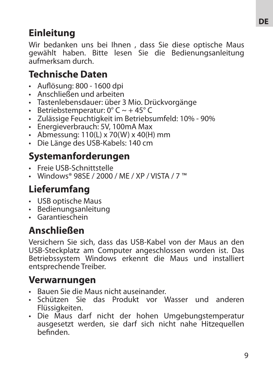 Einleitung, Technische daten, Systemanforderungen | Lieferumfang, Anschließen, Verwarnungen | Acme MA03 User Manual | Page 9 / 18