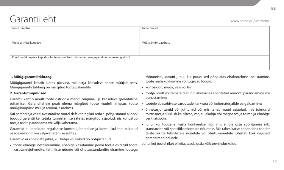Garantiileht | Acme MT102B User Manual | Page 19 / 30