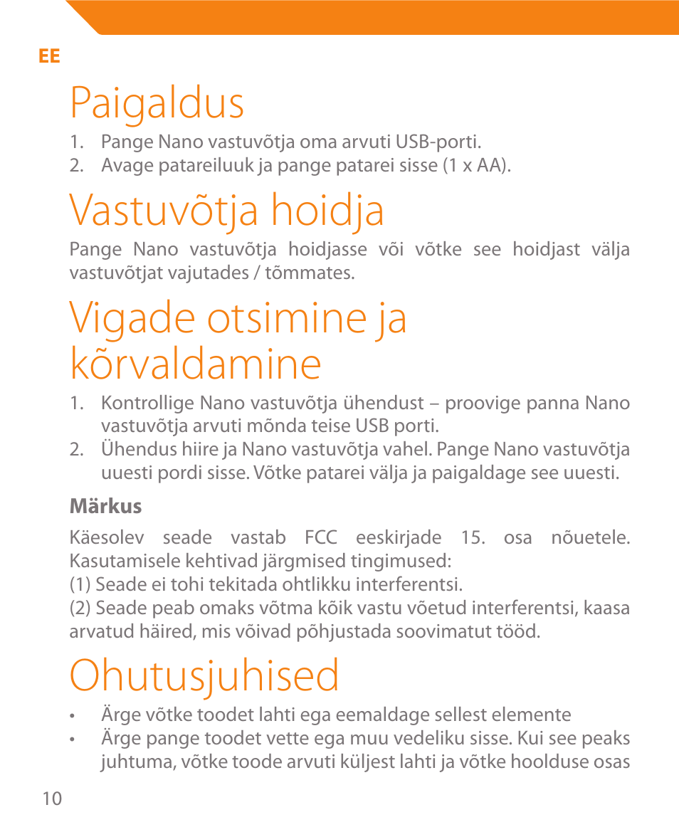 Paigaldus, Vastuvõtja hoidja, Vigade otsimine ja kõrvaldamine | Ohutusjuhised | Acme MW08 User Manual | Page 10 / 44