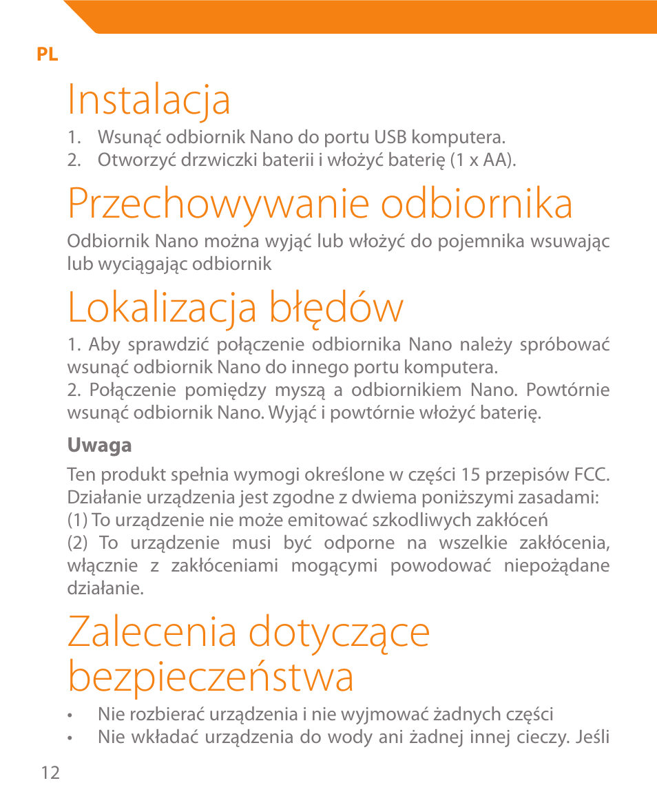 Instalacja, Przechowywanie odbiornika, Lokalizacja błędów | Zalecenia dotyczące bezpieczeństwa | Acme MW08 User Manual | Page 12 / 44