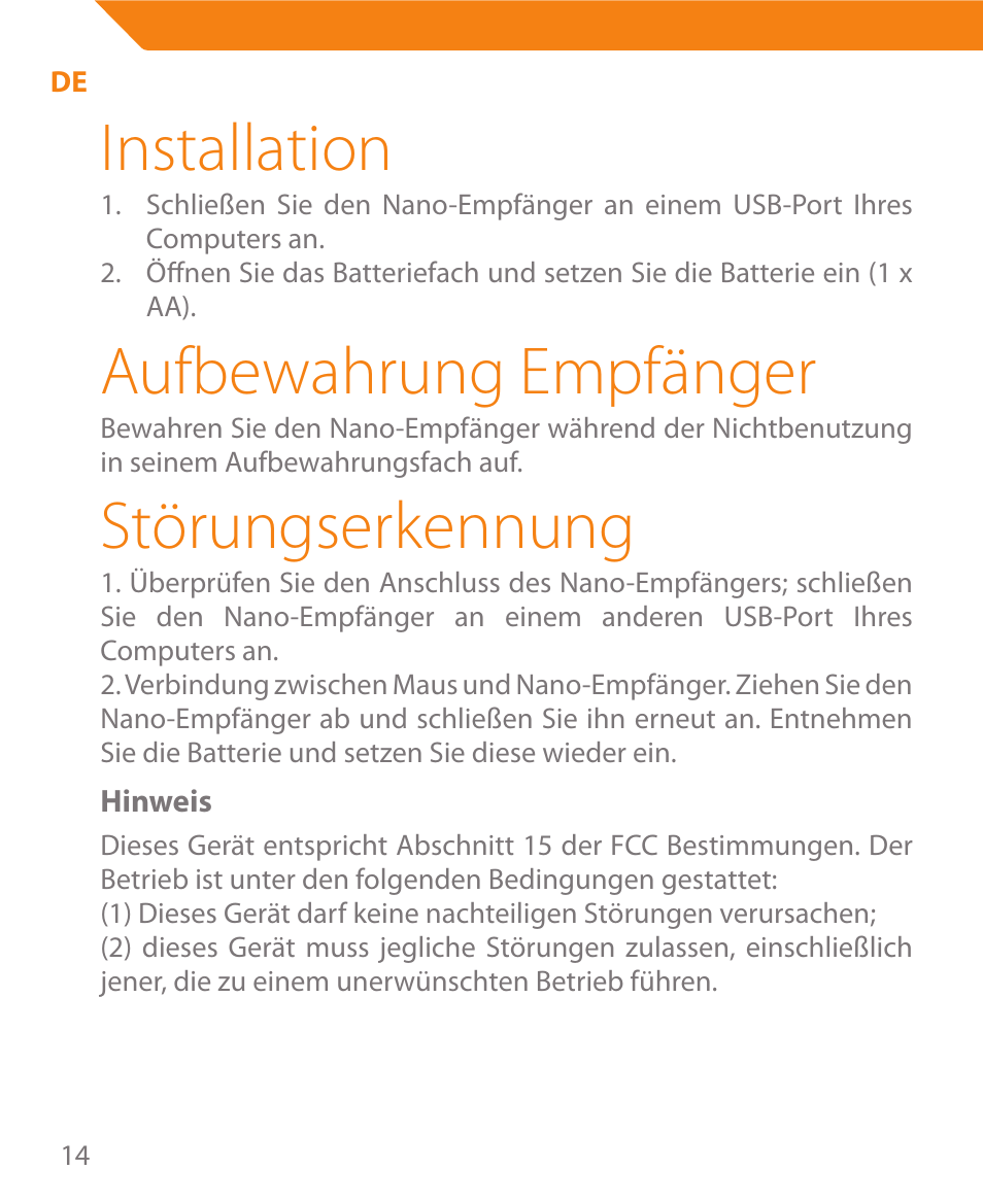 Installation, Aufbewahrung empfänger, Störungserkennung | Acme MW08 User Manual | Page 14 / 44