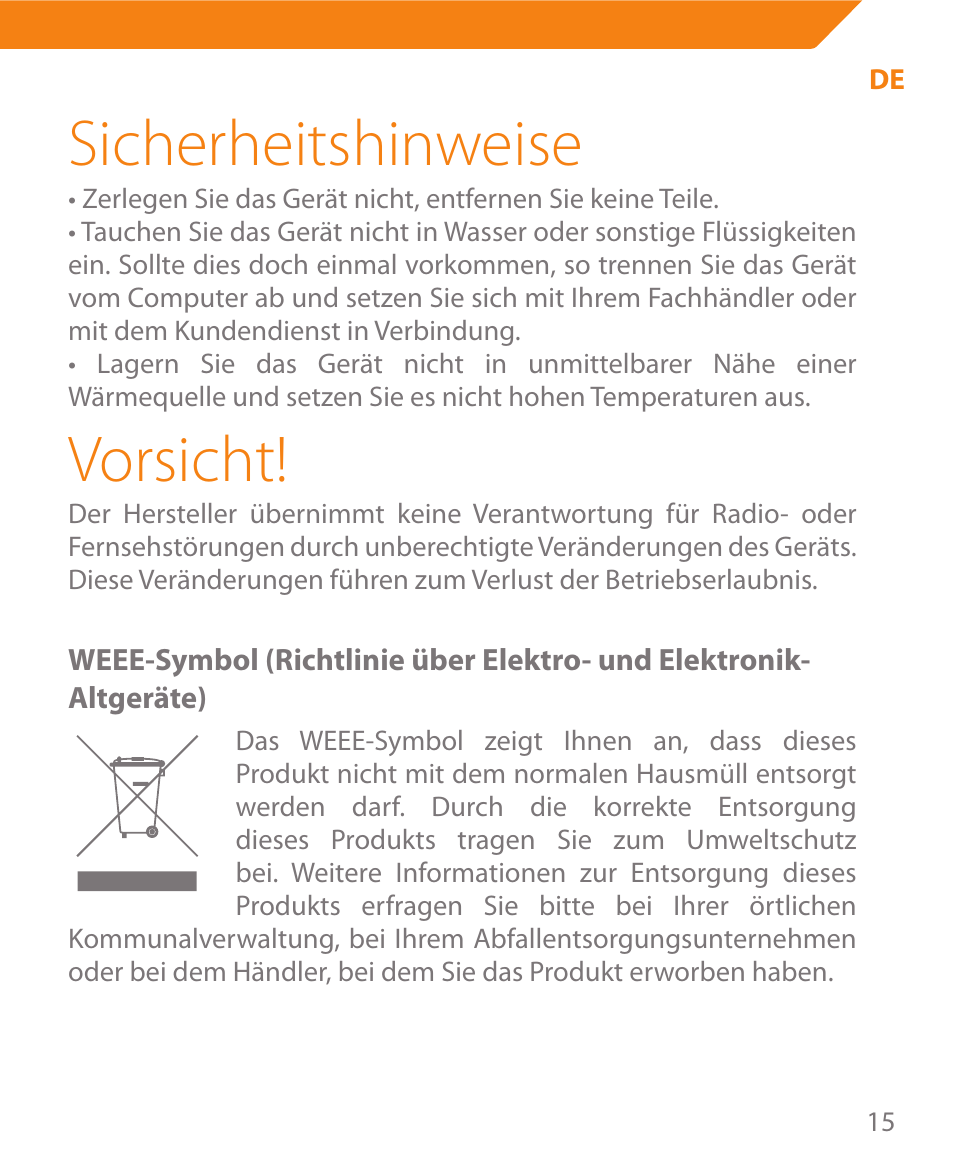 Sicherheitshinweise, Vorsicht | Acme MW08 User Manual | Page 15 / 44
