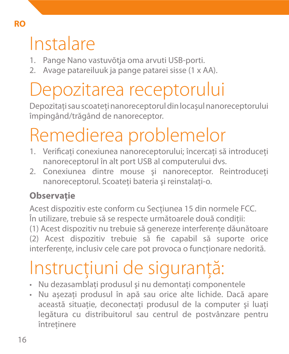 Instalare, Depozitarea receptorului, Remedierea problemelor | Instrucţiuni de siguranţă | Acme MW08 User Manual | Page 16 / 44