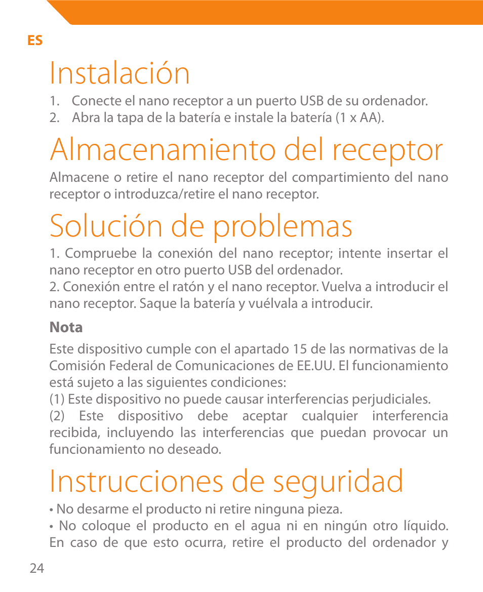 Instalación, Almacenamiento del receptor, Solución de problemas | Instrucciones de seguridad | Acme MW08 User Manual | Page 24 / 44