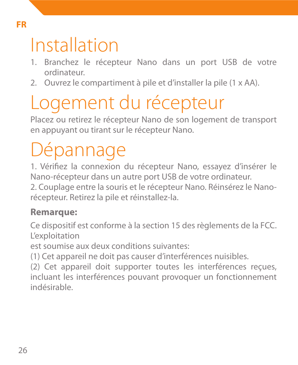 Installation, Logement du récepteur, Dépannage | Acme MW08 User Manual | Page 26 / 44