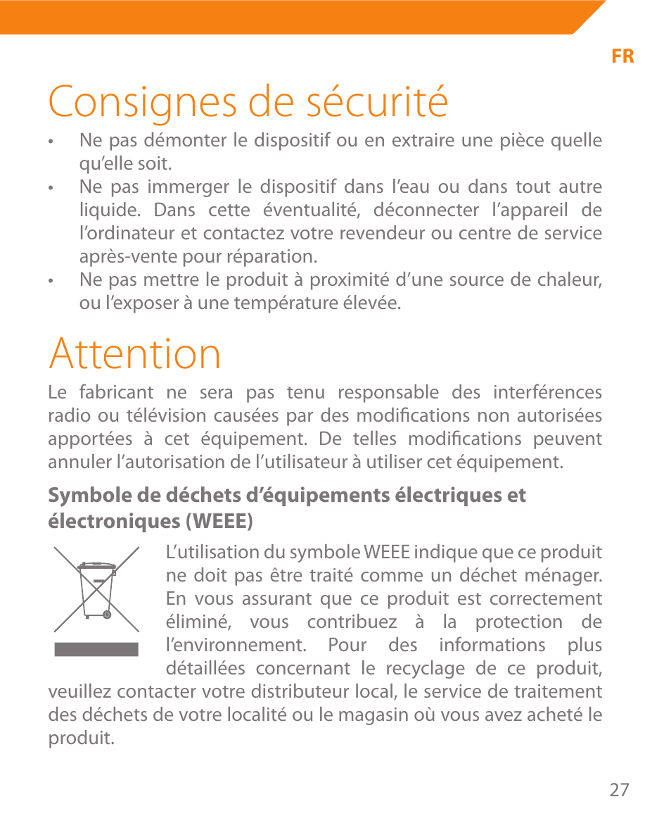 Consignes de sécurité, Attention | Acme MW08 User Manual | Page 27 / 44