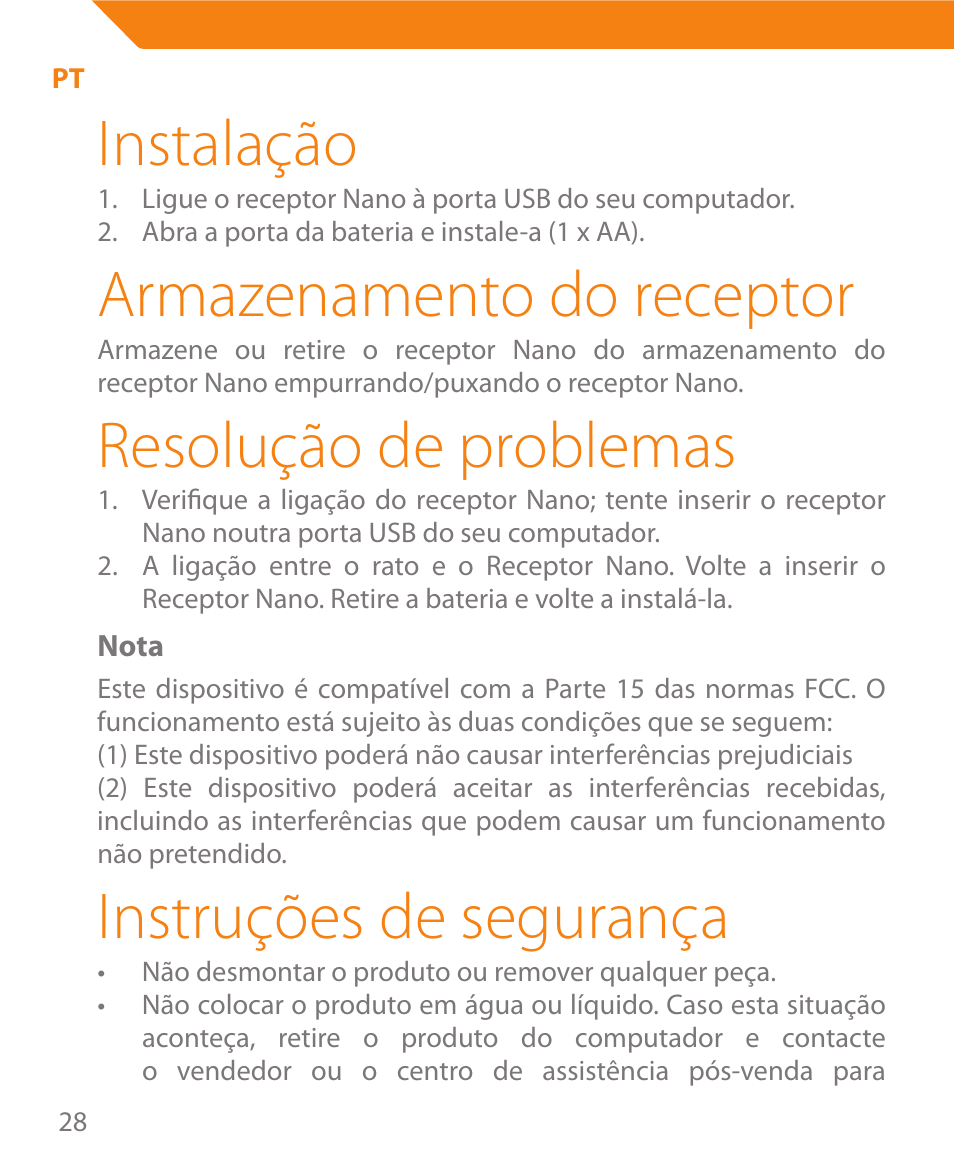 Instalação, Armazenamento do receptor, Resolução de problemas | Instruções de segurança | Acme MW08 User Manual | Page 28 / 44