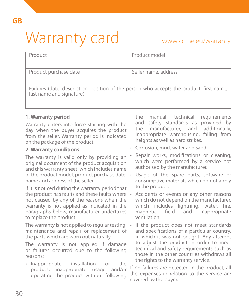 Warranty card | Acme MW08 User Manual | Page 30 / 44