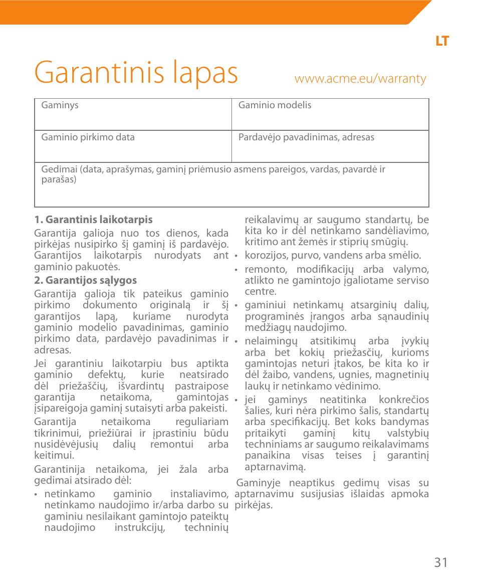 Garantinis lapas | Acme MW08 User Manual | Page 31 / 44