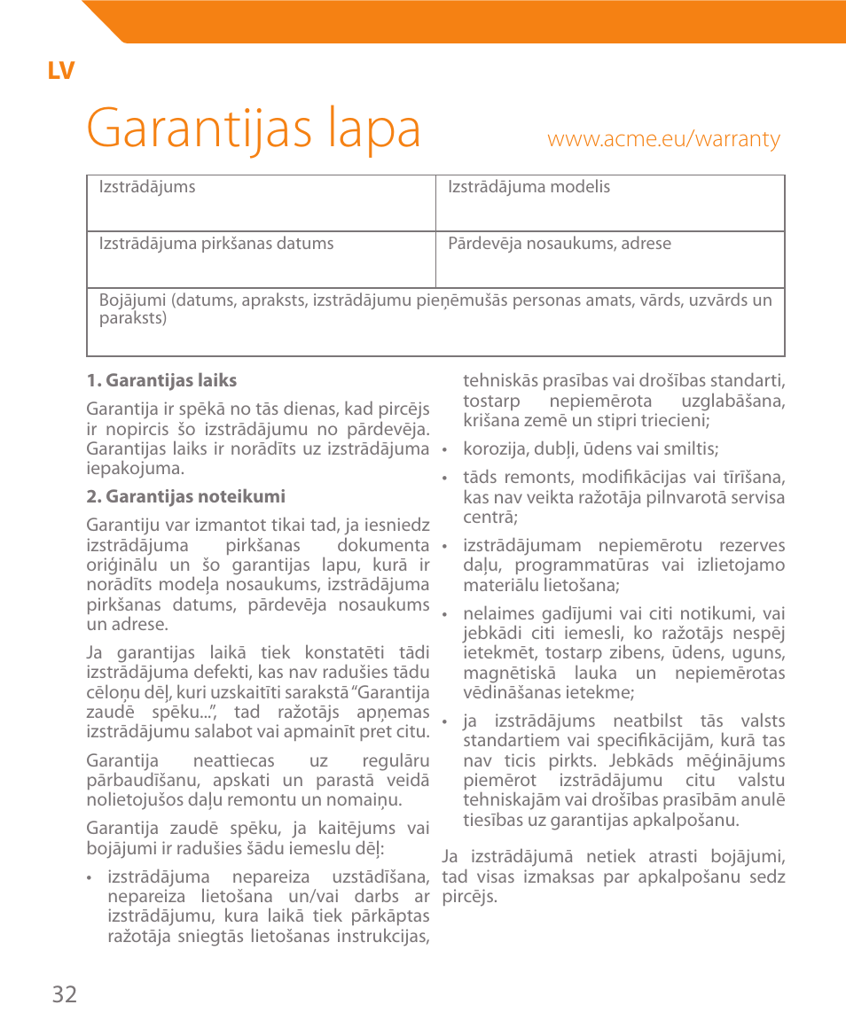 Garantijas lapa | Acme MW08 User Manual | Page 32 / 44