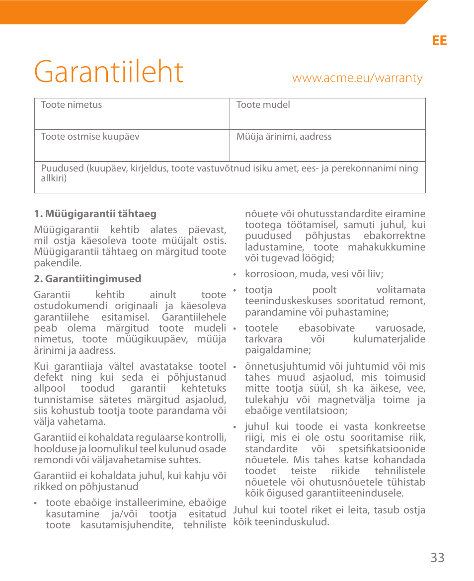 Garantiileht | Acme MW08 User Manual | Page 33 / 44