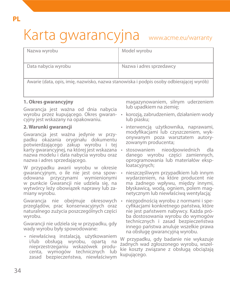 Karta gwarancyjna | Acme MW08 User Manual | Page 34 / 44