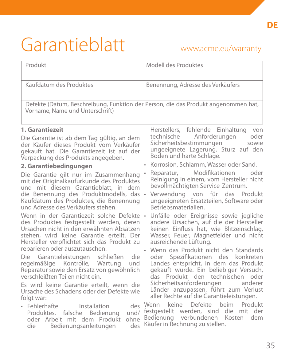 Garantieblatt | Acme MW08 User Manual | Page 35 / 44