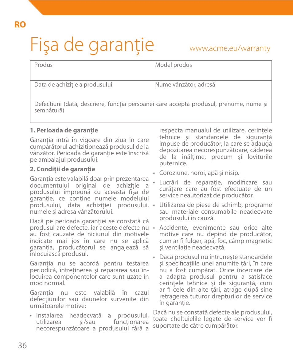 Fişa de garanţie | Acme MW08 User Manual | Page 36 / 44