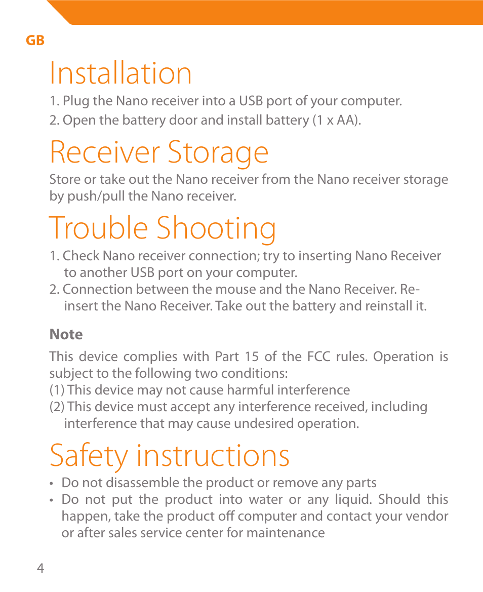 Installation, Receiver storage, Trouble shooting | Safety instructions | Acme MW08 User Manual | Page 4 / 44