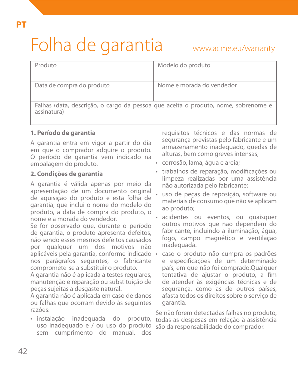 Folha de garantia | Acme MW08 User Manual | Page 42 / 44