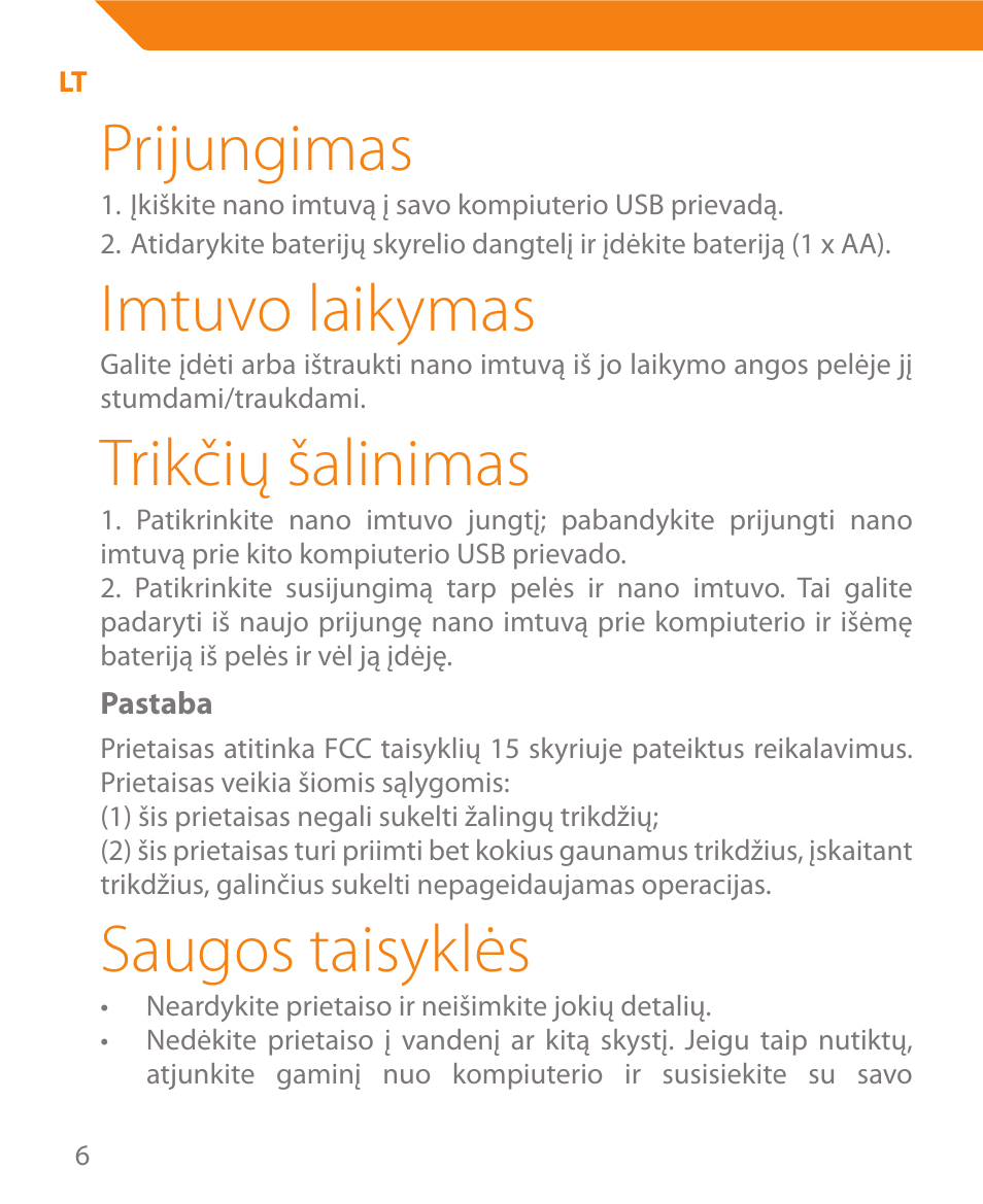 Prijungimas, Imtuvo laikymas, Trikčių šalinimas | Saugos taisyklės | Acme MW08 User Manual | Page 6 / 44