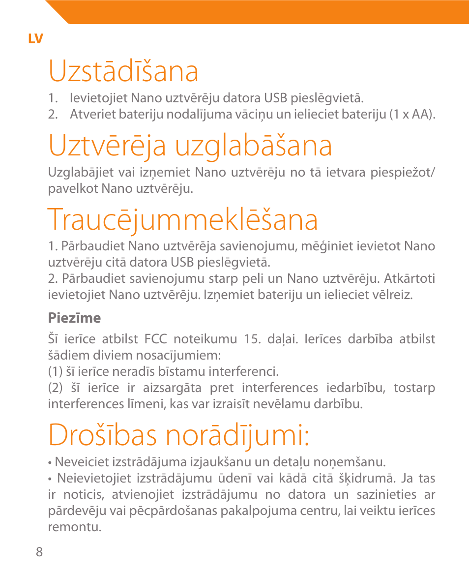 Uzstādīšana, Uztvērēja uzglabāšana, Traucējummeklēšana | Drošības norādījumi | Acme MW08 User Manual | Page 8 / 44