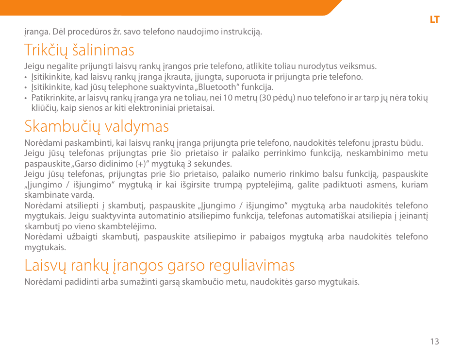 Trikčių šalinimas, Skambučių valdymas, Laisvų rankų įrangos garso reguliavimas | Acme BH-01 User Manual | Page 13 / 92