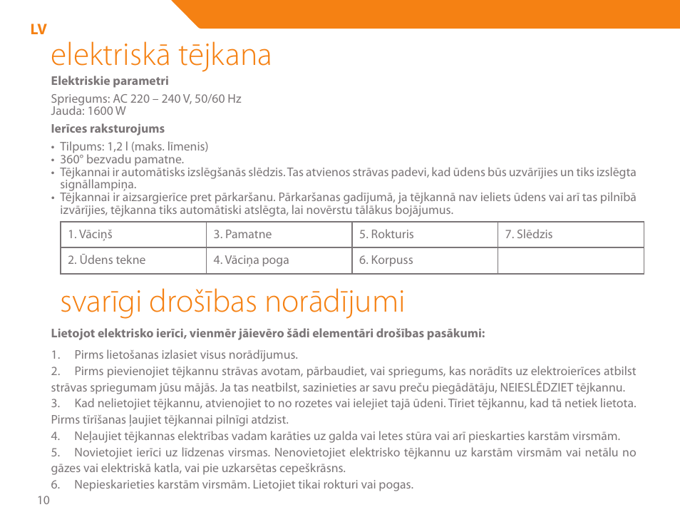 Elektriskā tējkana, Svarīgi drošības norādījumi | Acme KE300 User Manual | Page 10 / 56