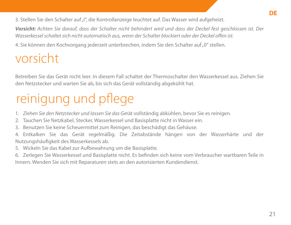 Vorsicht, Reinigung und pflege | Acme KE300 User Manual | Page 21 / 56