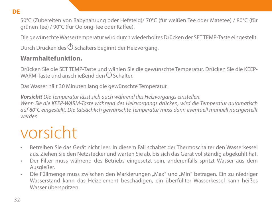Vorsicht | Acme KA300 User Manual | Page 32 / 76