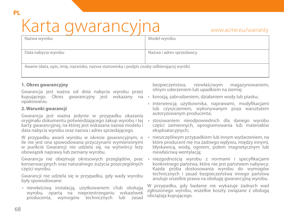 Karta gwarancyjna | Acme KA300 User Manual | Page 68 / 76