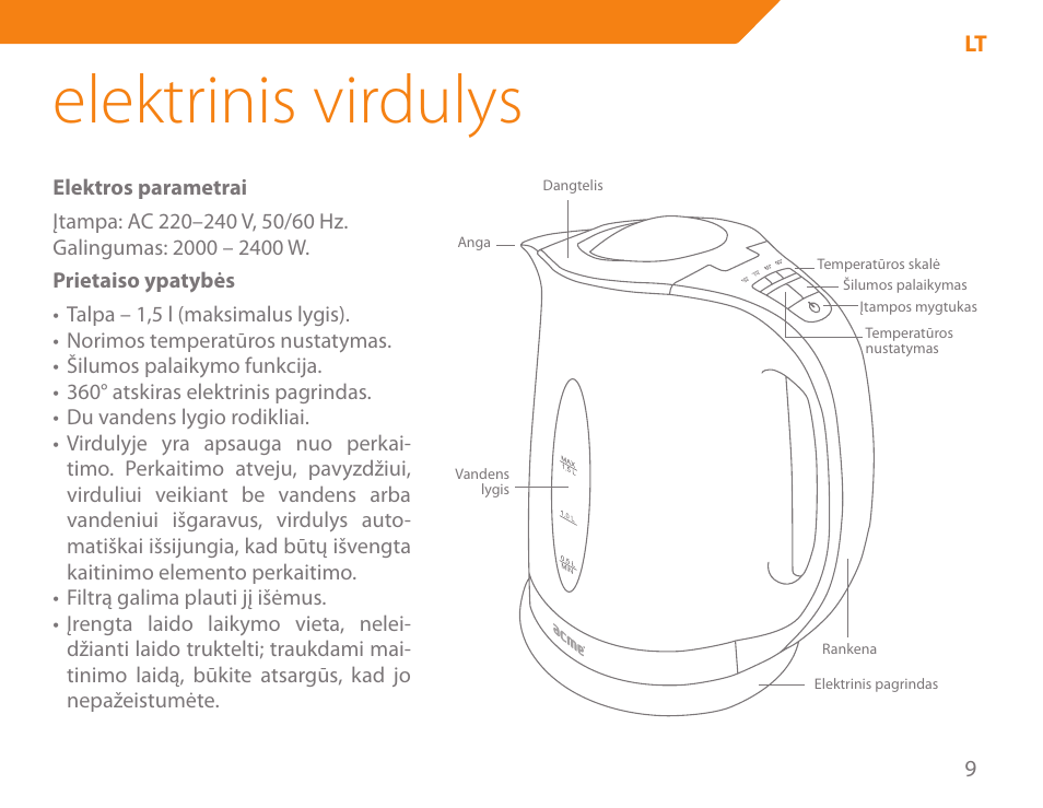 Elektrinis virdulys | Acme KA300 User Manual | Page 9 / 76