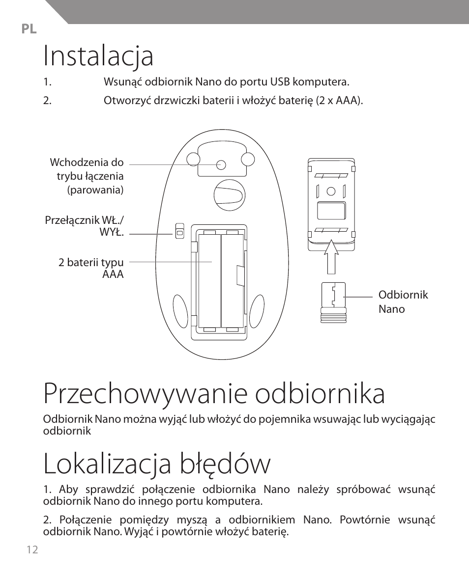 Instalacja, Przechowywanie odbiornika, Lokalizacja błędów | Acme MW09 User Manual | Page 12 / 42