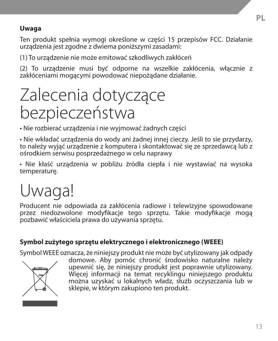 Zalecenia dotyczące bezpieczeństwa, Uwaga | Acme MW09 User Manual | Page 13 / 42