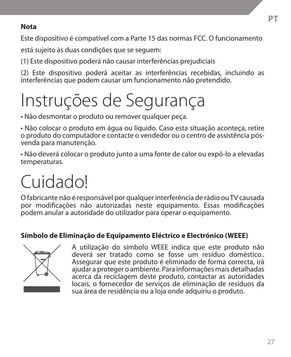 Instruções de segurança, Cuidado | Acme MW09 User Manual | Page 27 / 42
