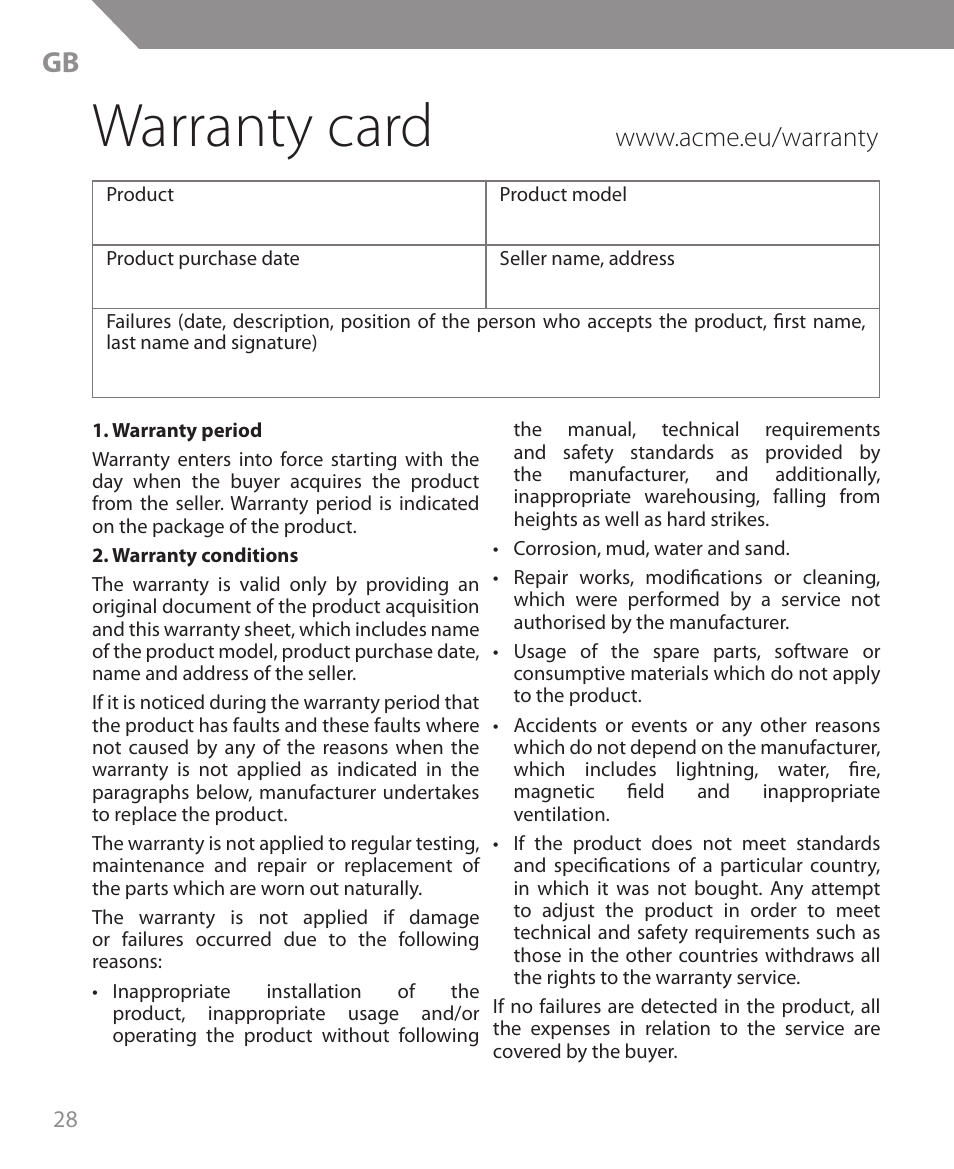 Warranty card | Acme MW09 User Manual | Page 28 / 42