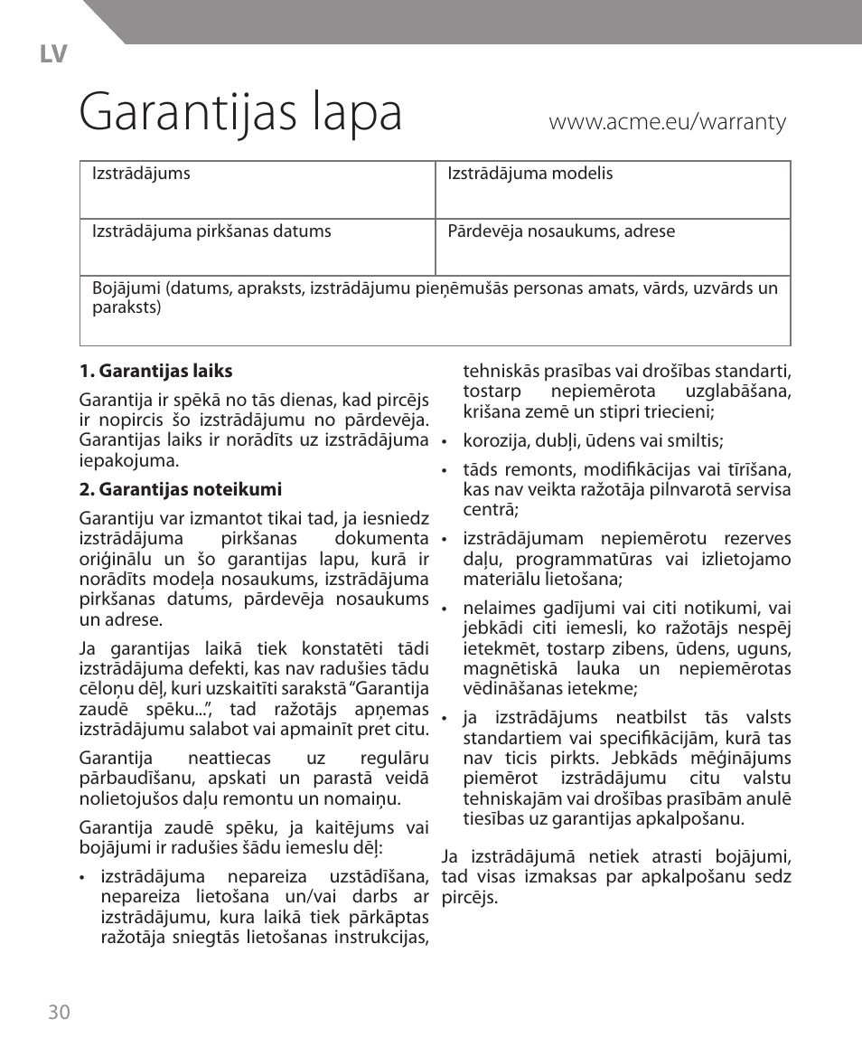 Garantijas lapa | Acme MW09 User Manual | Page 30 / 42