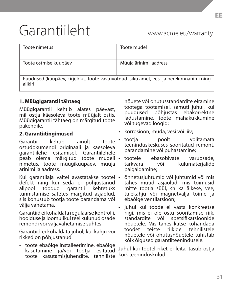 Garantiileht | Acme MW09 User Manual | Page 31 / 42